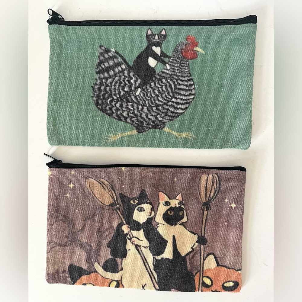 New Canvas Graphic Design Print Zipper Set of Two Pouches Makeup Pencil Pouch